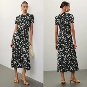 Rabanne Floral Dress Ruched Jersey  A Line Midi Black White Green Fr36 2